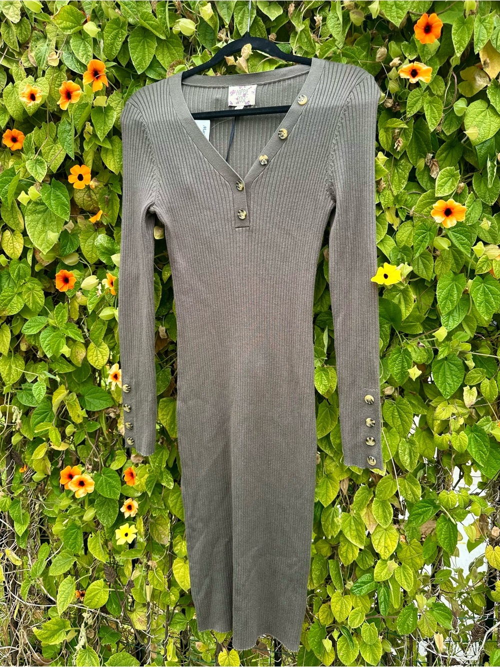 NWT Hippie Rose Ribbed Long Sleeve Button Midi Dress - Olive Green/Dusty Camo